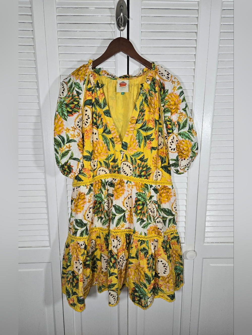 Farm Rio Biriba Mix Mini Tropical Fruit Deep V Puff Sleeve Tiered Dress Sz XL